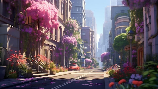 pink trees lined up beside a street in a big city Generative AI