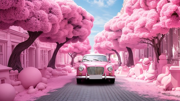 pink trees lined up beside a street in a big city Generative AI