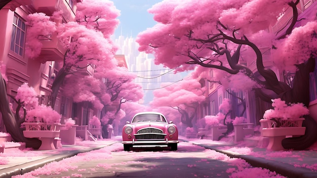 pink trees lined up beside a street in a big city Generative AI