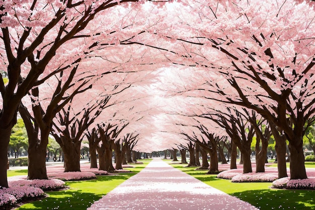 Pink trees and pink leaves on the ground