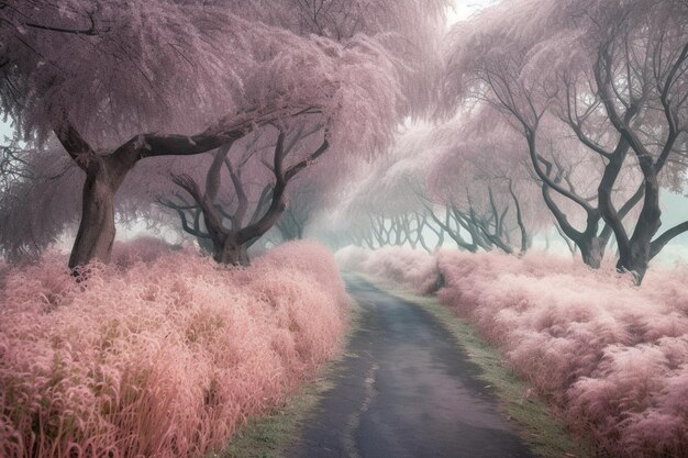 Pink trees on a road in a magical forest