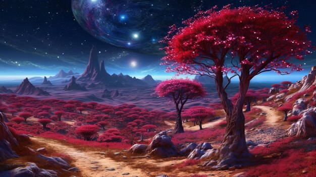 햇볕이 잘 드는 풍경 속의 분홍 나무와 바위