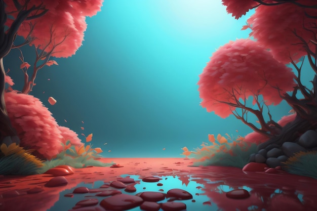 Розовые деревья с голубым закатом на заднем плане с генеративным искусственным интеллектом