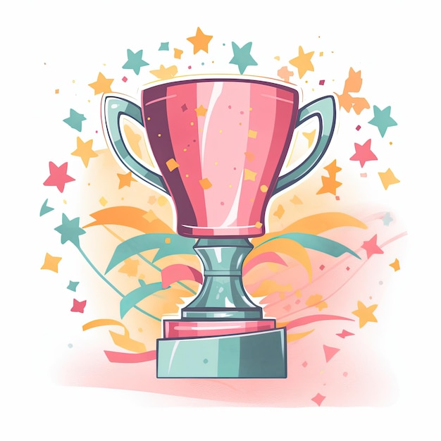 A pink trophy with stars and confetti