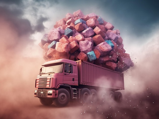 A pink truck with a large pile of cubes on the back is being carried by a pink truck.