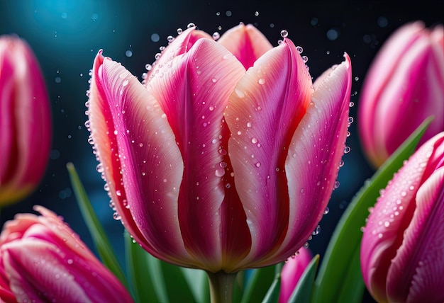 A pink tulip adorned with delicate droplets accentuating the beauty of its soft petals