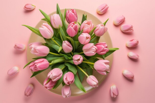 Pink Tulip Bouquet on Pastel Pink Table