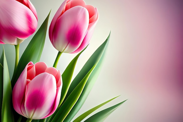 Pink tulip flowers frame isolated on white background Generative Ai