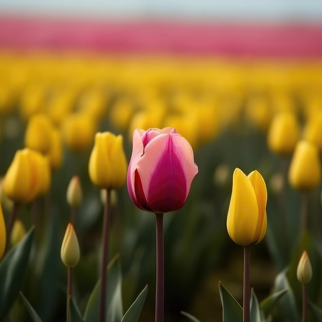 A pink tulip stands out in a field of yellow tulips.