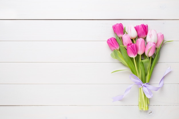 Розовый тюльпан на белом фоне. Поздравительная открытка пасхи и весны.