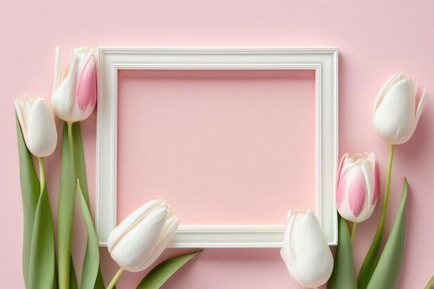 pink tulip and white frame on pastel background Flat lay top viewHappy women's day concept