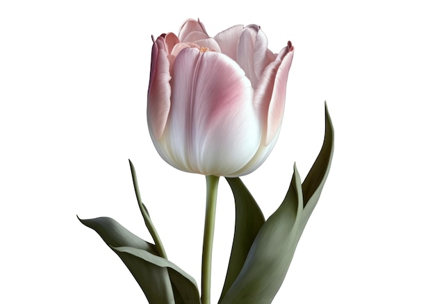 A pink tulip with green leaves on a white background.