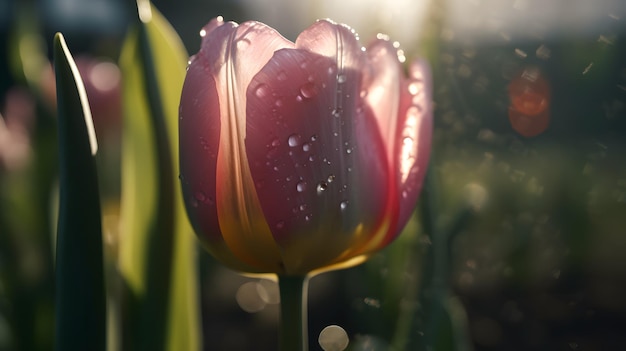 A pink tulip with the sun shining on it.