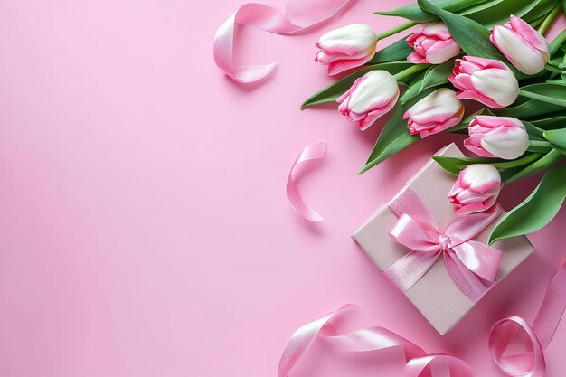 Фото Розовые тюльпаны и подарочная коробка с лентой на пастельном фоне