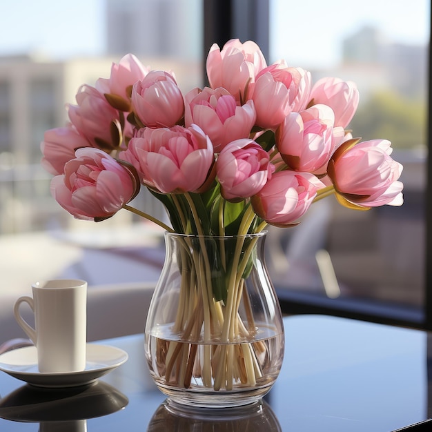 pink tulips are in a clear vase on top of a glass table ai generated