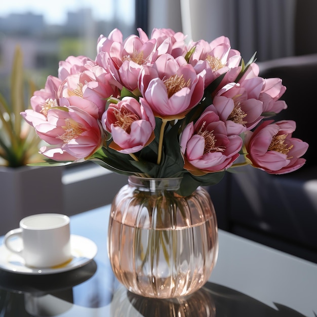 pink tulips are in a clear vase on top of a glass table ai generated