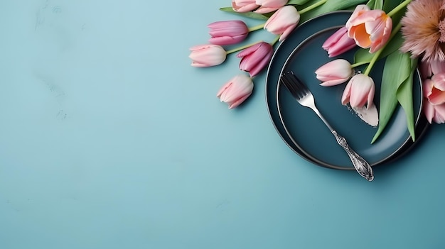 Pink tulips on a blue background with a plate and a fork