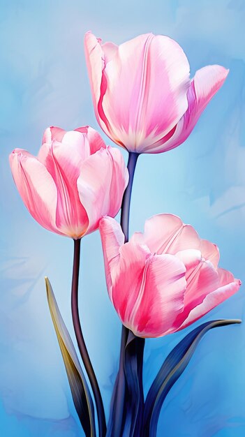 Pink tulips on a blue background