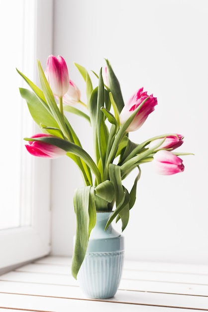 pink tulips in a blue vase by the bright window