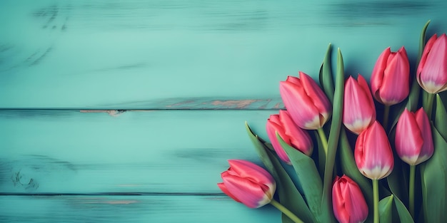 Pink tulips on a blue wooden background