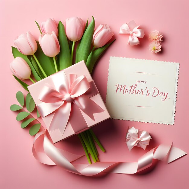 pink tulips and a card with a card for mothers day