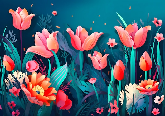 Pink tulips and daffodils in a field on a blue background