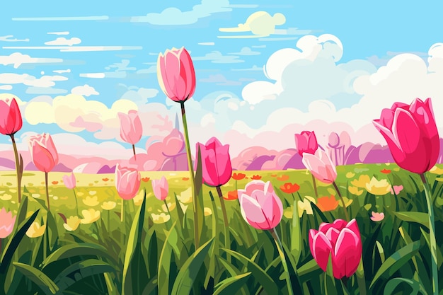 Pink tulips in a field with a blue sky and clouds.