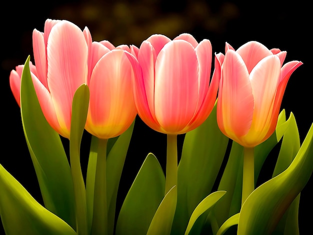 Photo pink tulips flower with green leaves from the ground