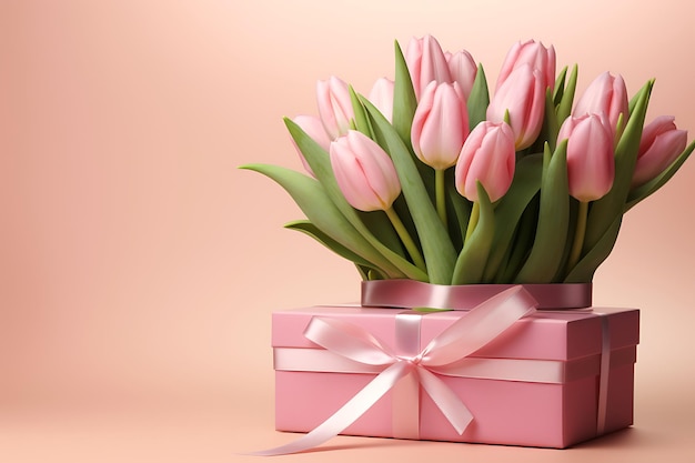 Pink tulips flowers and gift or present box pink background