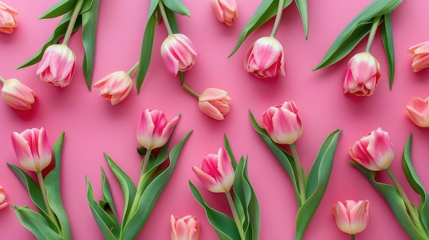 Pink tulips flowers on pink background Waiting for spring Happy Easter card Flat lay top view