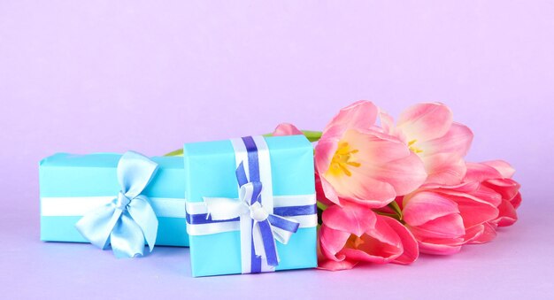 Pink tulips and gift boxes, on color background