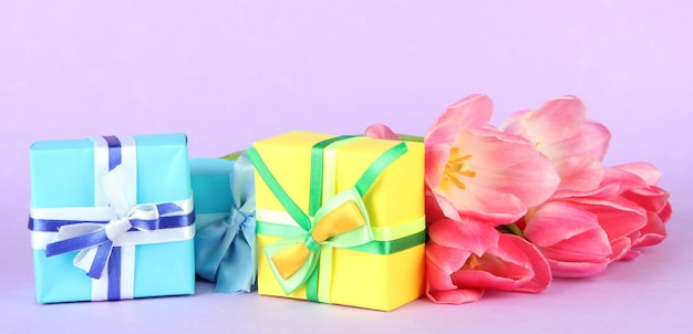 Pink tulips and gift boxes, on color background