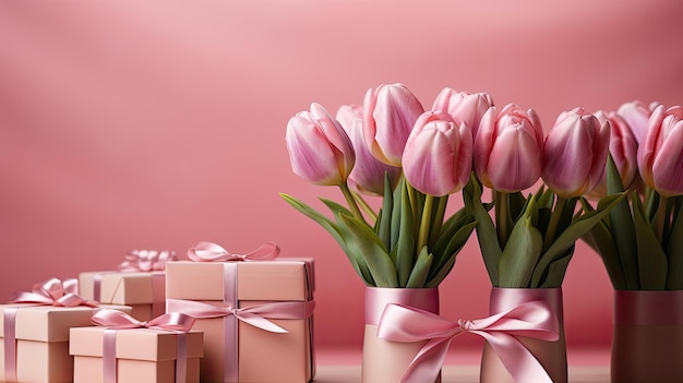 Pink tulips and gifts on a pink background