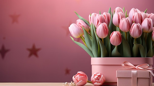 Pink tulips and gifts on a pink background