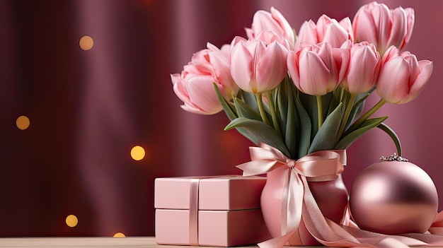 Pink tulips and gifts on a pink background