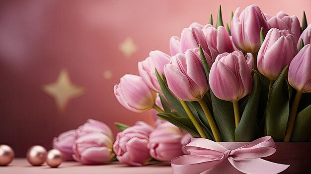 Pink tulips and gifts on a pink background
