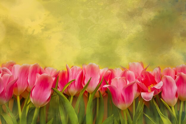 Pink tulips on the green background. Copy space.