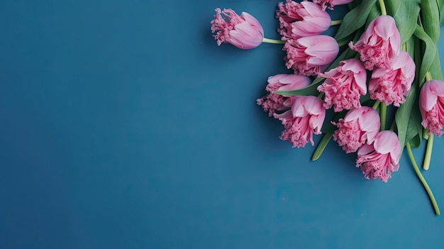 Pink tulips and hyacinth bouquet on blue background with copyspace with Generative AI Technology