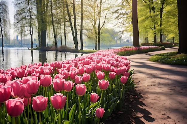 Розовые тюльпаны в парке Кеукенхоф в Нидерландах
