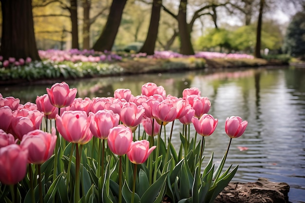 オランダのキューケンホフ公園のピンクのチューリップ