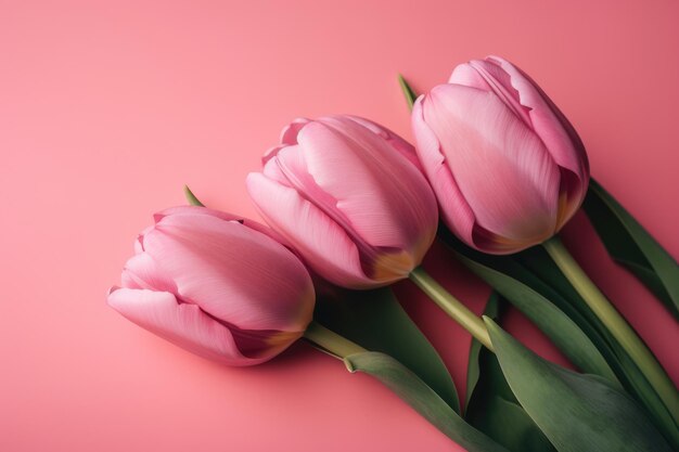 Pink tulips lying on pink background generative ai