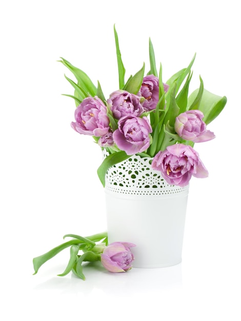 Pink tulips in metal flowerpot