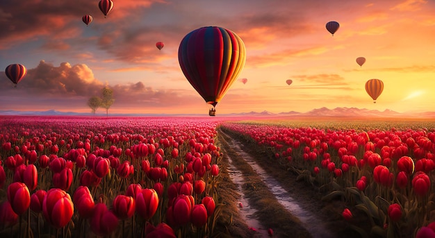 Pink tulips in an open field with a hot air balloon in the background