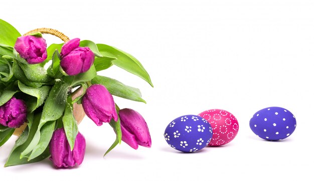 Pink tulips and painted Easter Eggs on white background