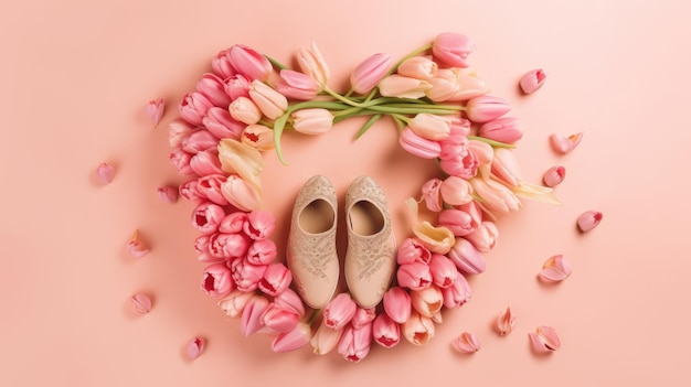 Pink tulips and a pair of shoes on a pink background