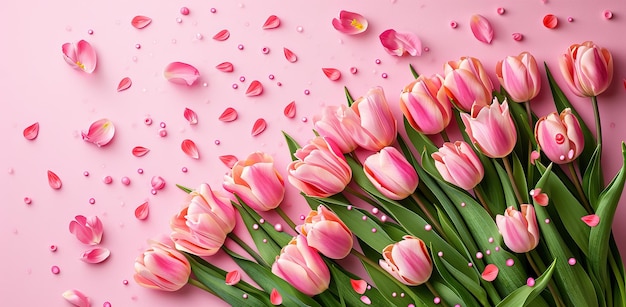 Pink tulips and petals on light pink background