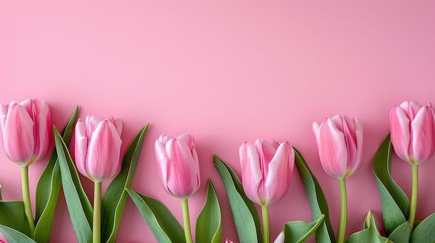 Pink tulips on a pink background space for text on a holiday card