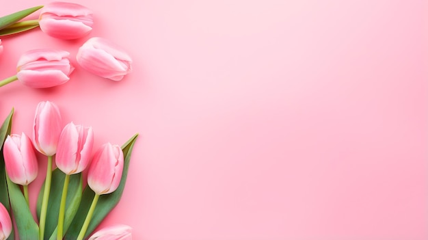 pink tulips on a pink background with space for text top view