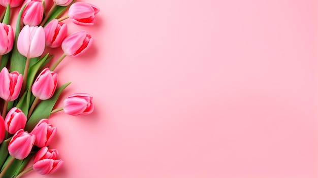 pink tulips on a pink background with space for text top view