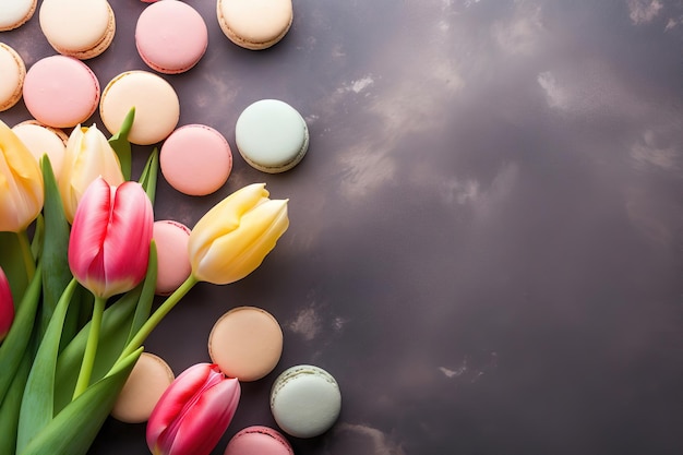 Розовые тюльпаны, весенние цветы и миндальное печенье на темном мраморном фоне, сладкий день матери